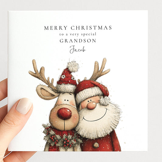 Grandson Christmas Card Santa and Reindeer