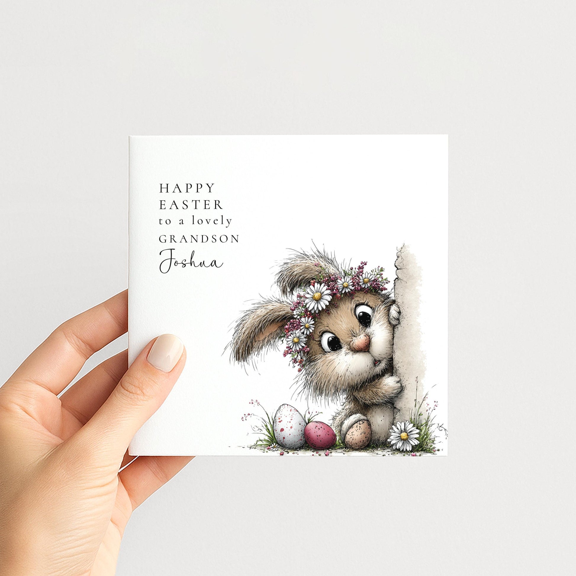 Grandson Easter Card – Personalised Bunny Easter Design With Spring Floral