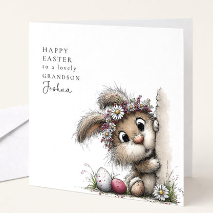 Grandson Easter Card – Personalised Bunny Easter Design With Spring Floral
