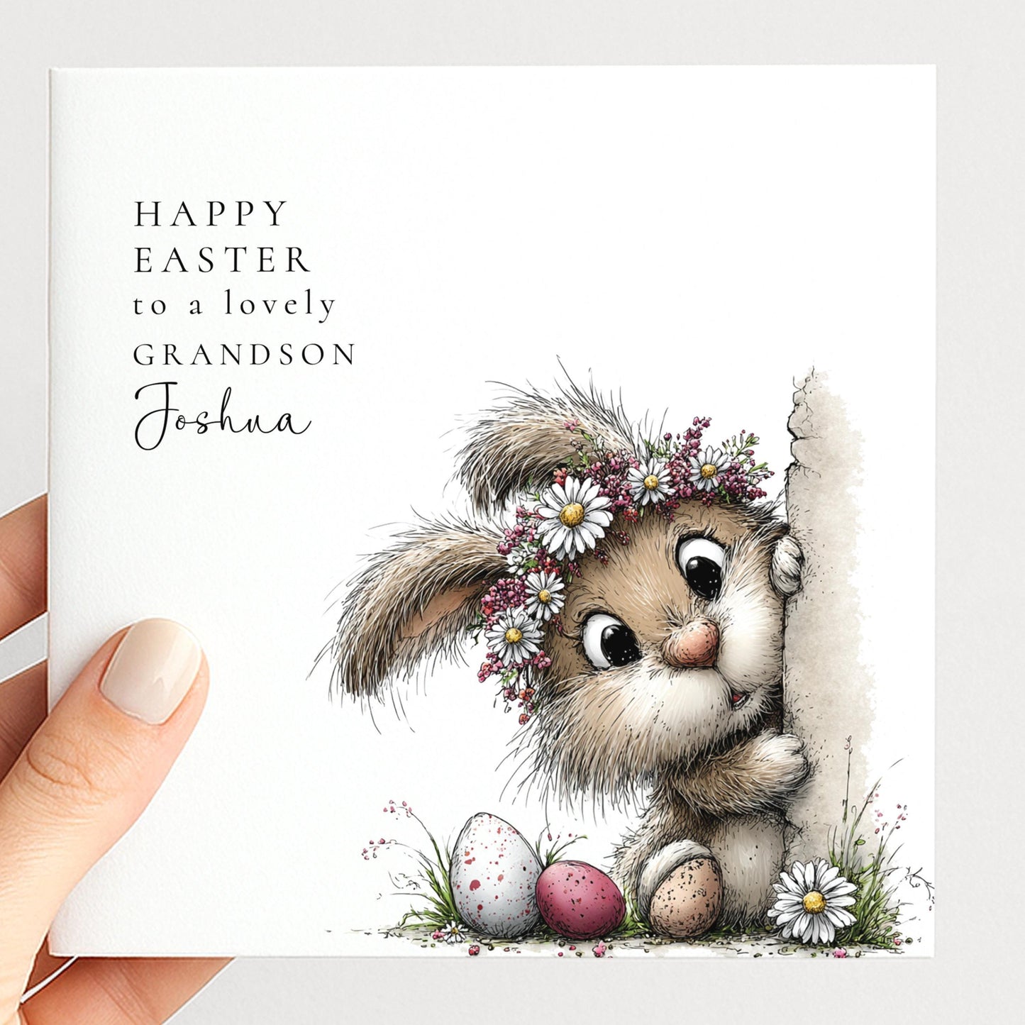 Grandson Easter Card – Personalised Bunny Easter Design With Spring Floral