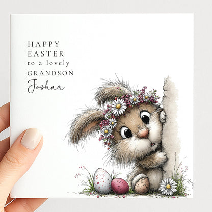 Grandson Easter Card – Personalised Bunny Easter Design With Spring Floral