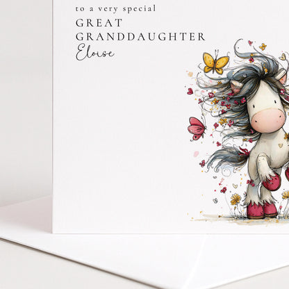 Great Granddaughter Birthday Card - Personalised Floral Design With Butterflies