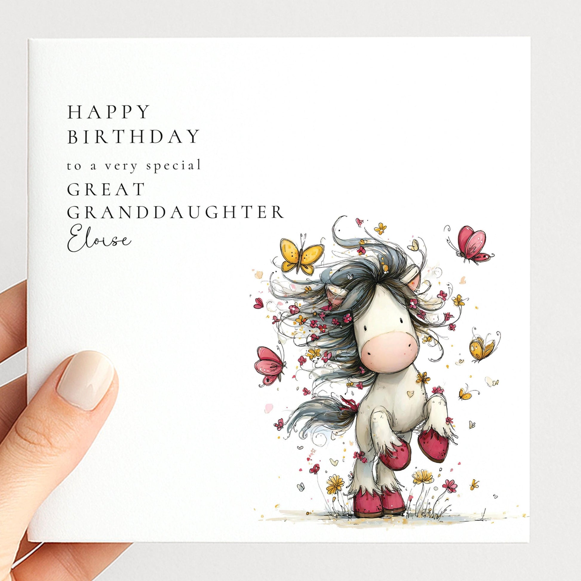 Great Granddaughter Birthday Card - Personalised Floral Design With Butterflies