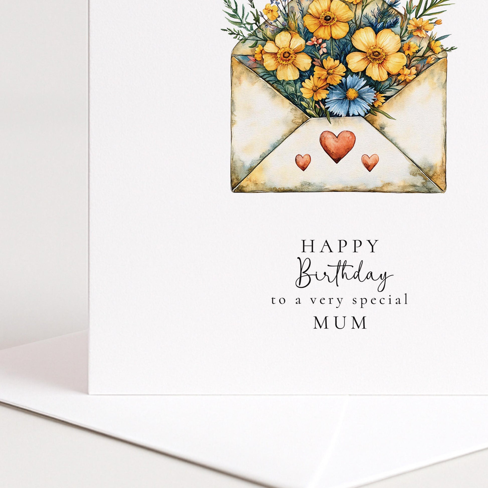 Happy Birthday Mum Card – Yellow Flower Card With Elegant Floral Envelope Design