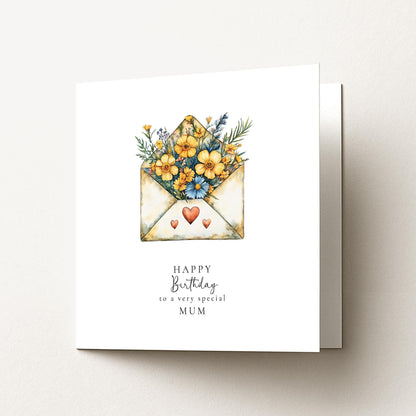 Happy Birthday Mum Card – Yellow Flower Card With Elegant Floral Envelope Design