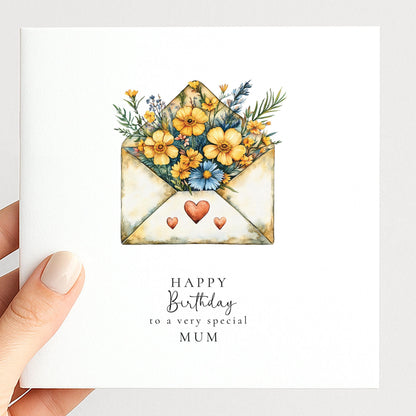 Happy Birthday Mum Card – Yellow Flower Card With Elegant Floral Envelope Design