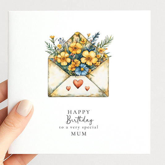 Happy Birthday Mum Card – Yellow Flower Card With Elegant Floral Envelope Design
