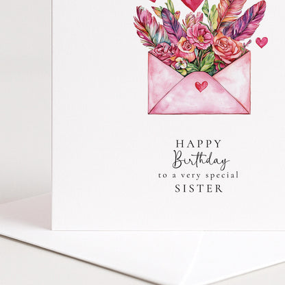 Happy Birthday Sister Card – Personalised Pink Floral Envelope Matte Finish