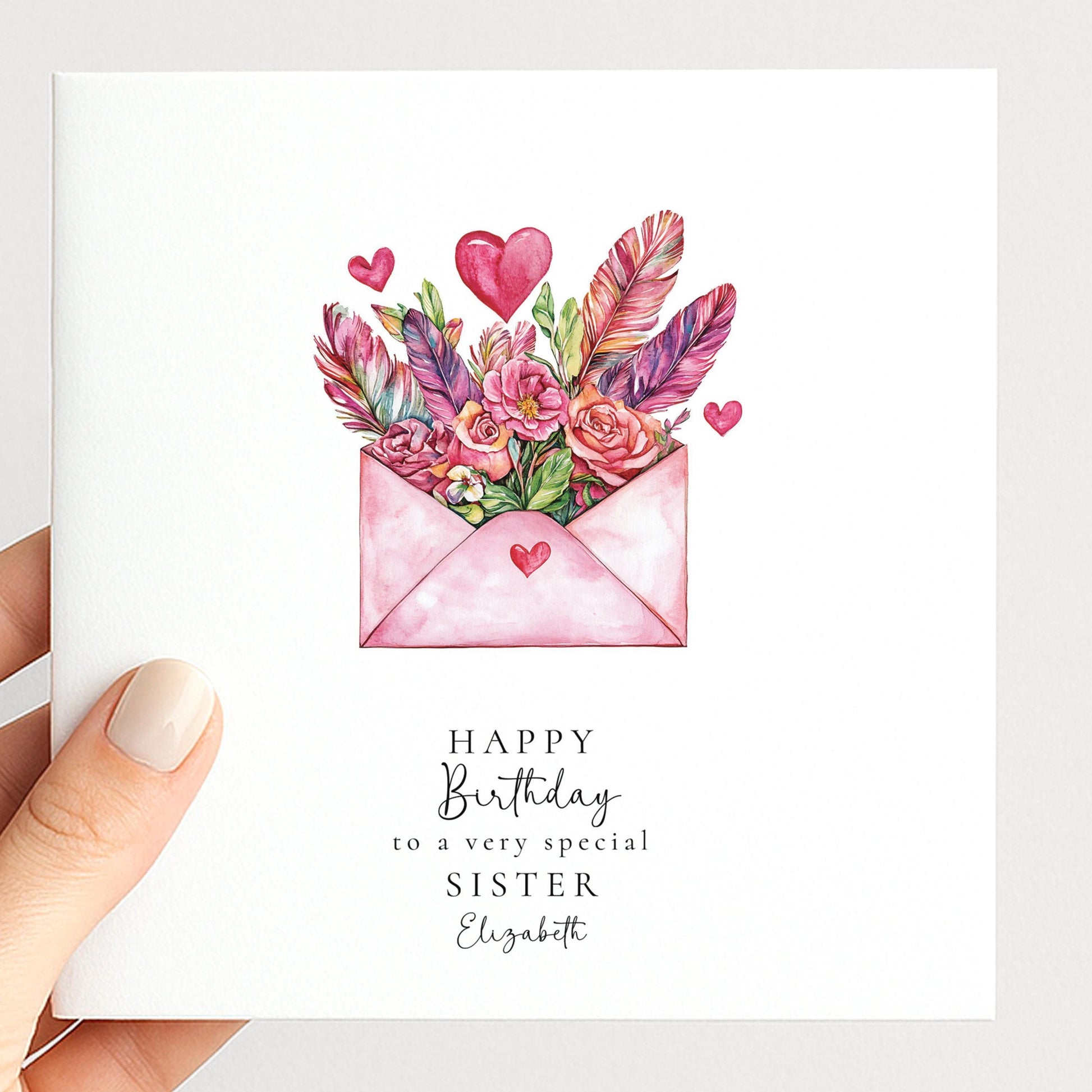 Happy Birthday Sister Card – Personalised Pink Floral Envelope Matte Finish
