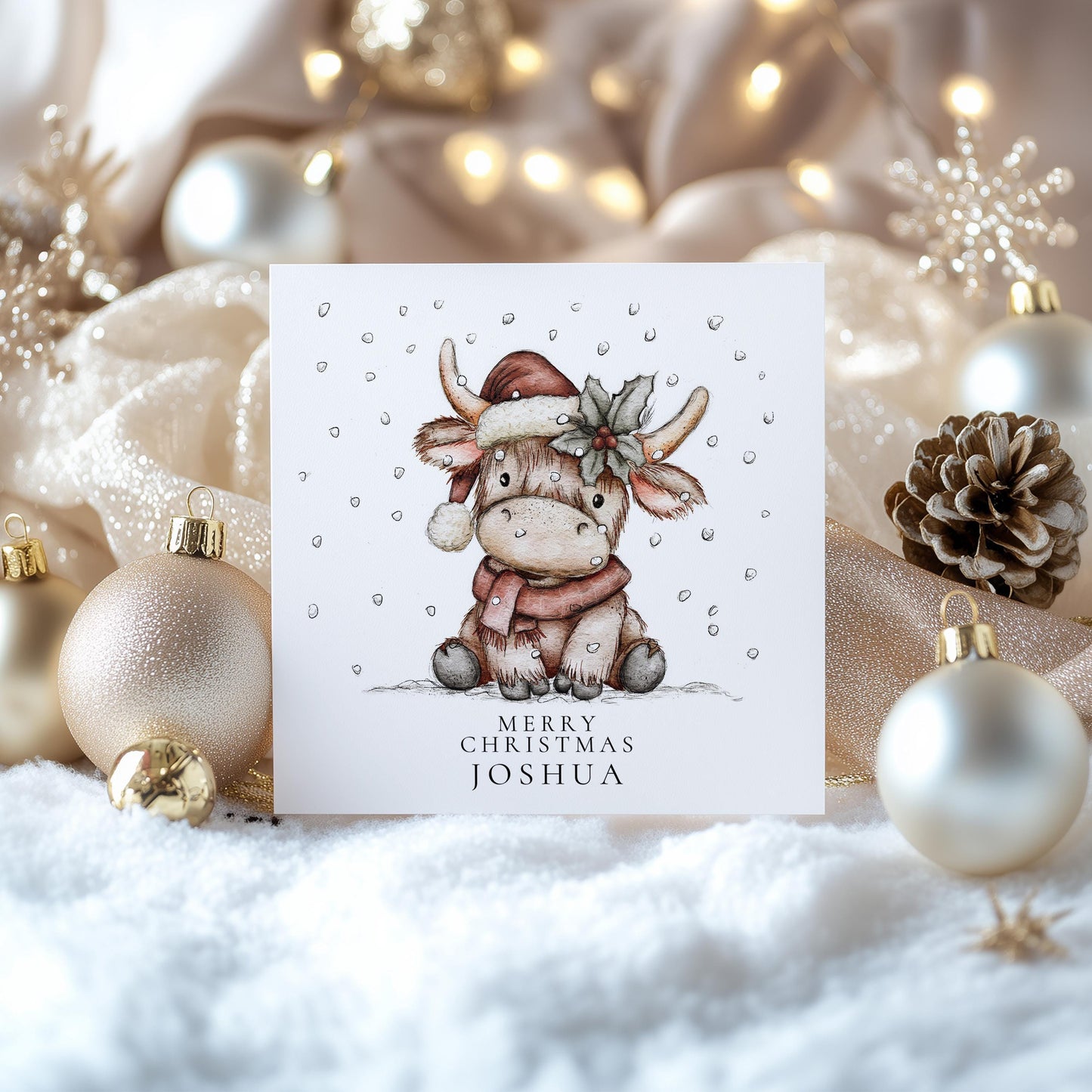 Highland Cow Christmas Card – Personalised Rustic Holiday Greeting With Custom Name