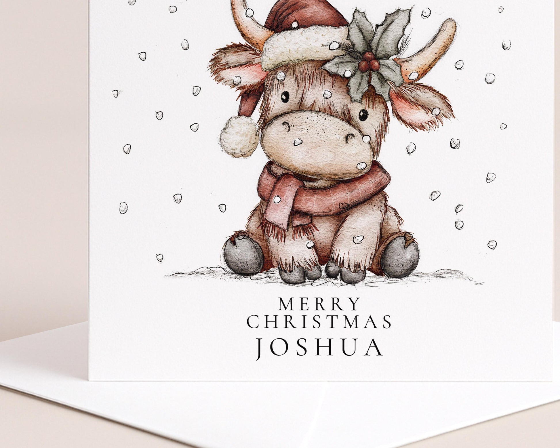 Highland Cow Christmas Card – Personalised Rustic Holiday Greeting With Custom Name