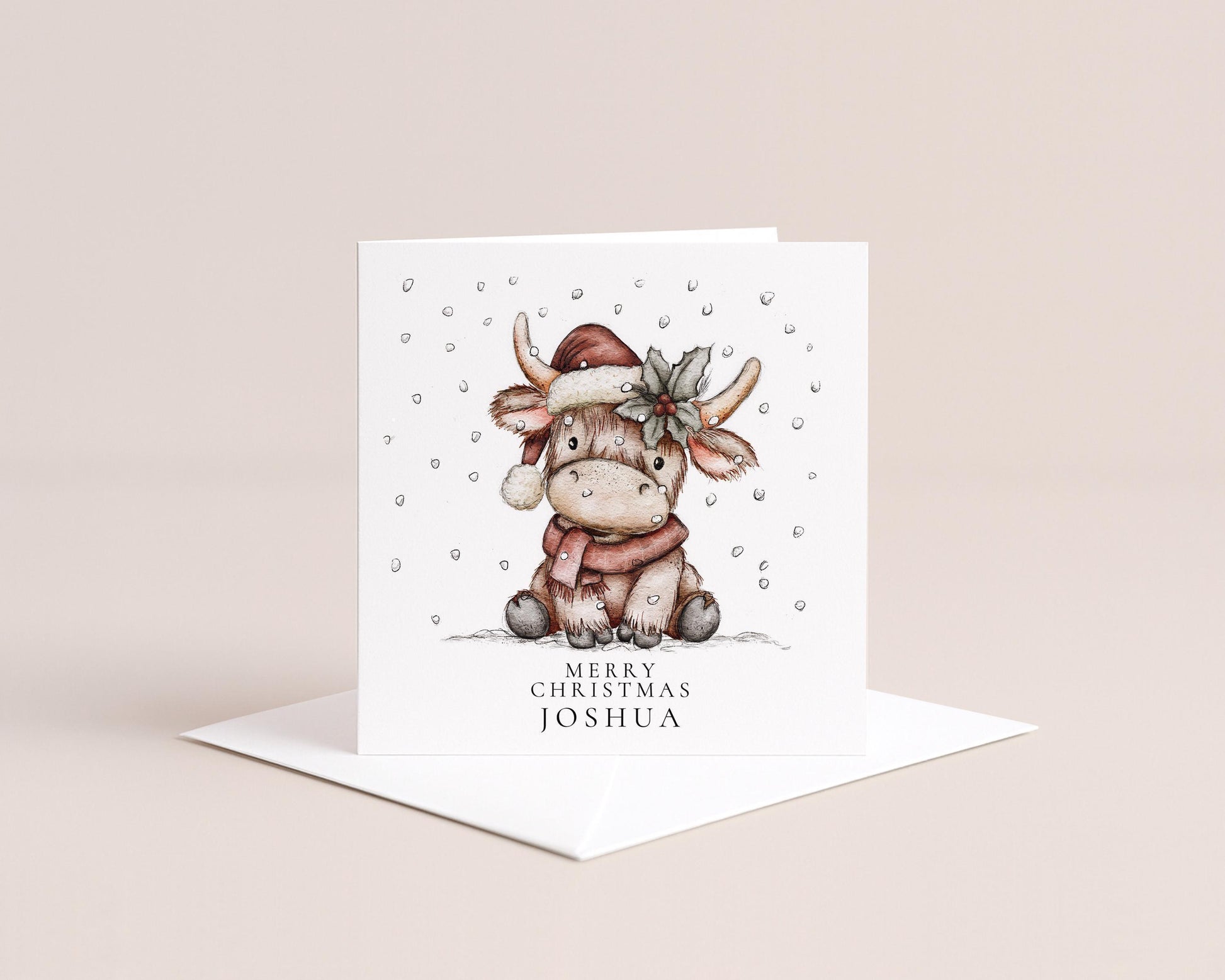 Highland Cow Christmas Card – Personalised Rustic Holiday Greeting With Custom Name