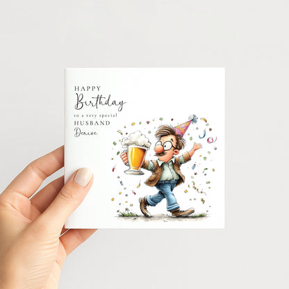 Husband Birthday Card - Personalised Funny Beer Greeting With Custom Name