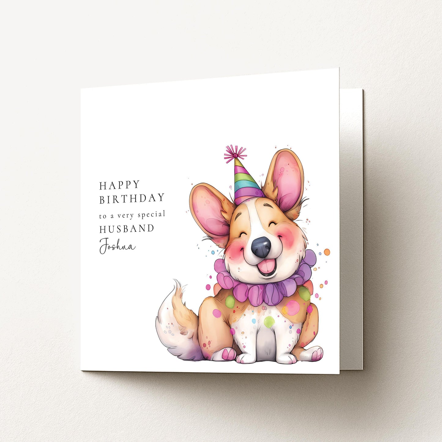 Husband Birthday Card - Personalised Name, Cute Dog Design, Matte Finish