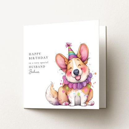 Husband Birthday Card - Personalised Name, Cute Dog Design, Matte Finish