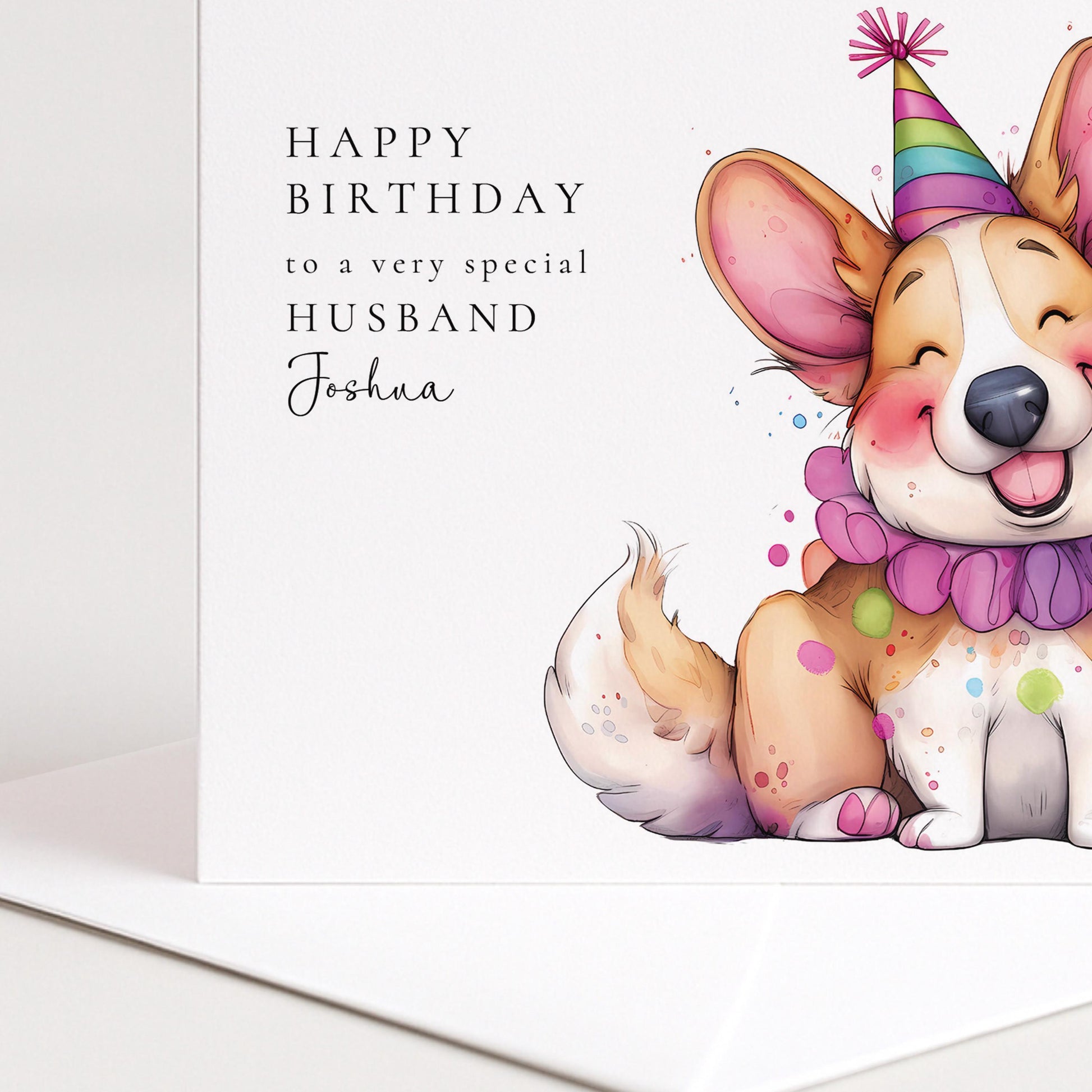 Husband Birthday Card - Personalised Name, Cute Dog Design, Matte Finish