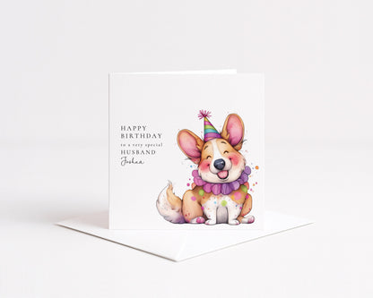 Husband Birthday Card - Personalised Name, Cute Dog Design, Matte Finish