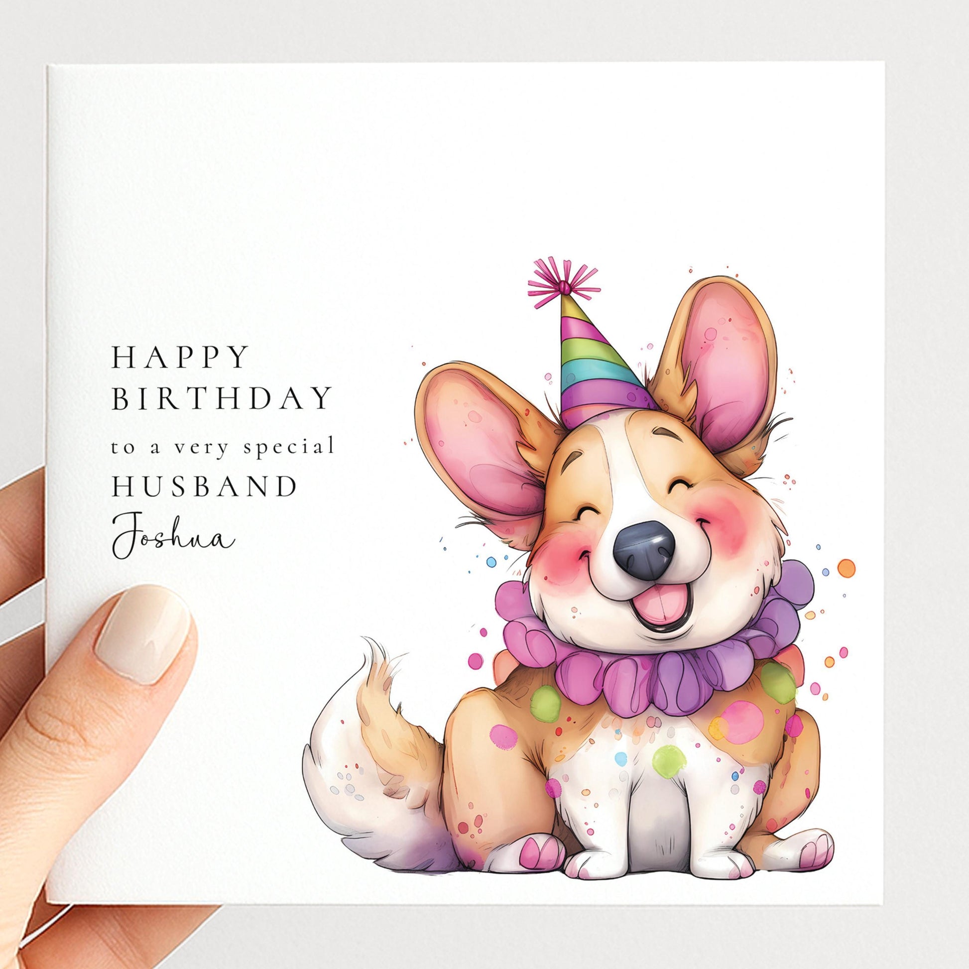 Husband Birthday Card - Personalised Name, Cute Dog Design, Matte Finish