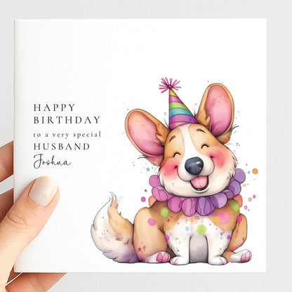 Husband Birthday Card - Personalised Name, Cute Dog Design, Matte Finish