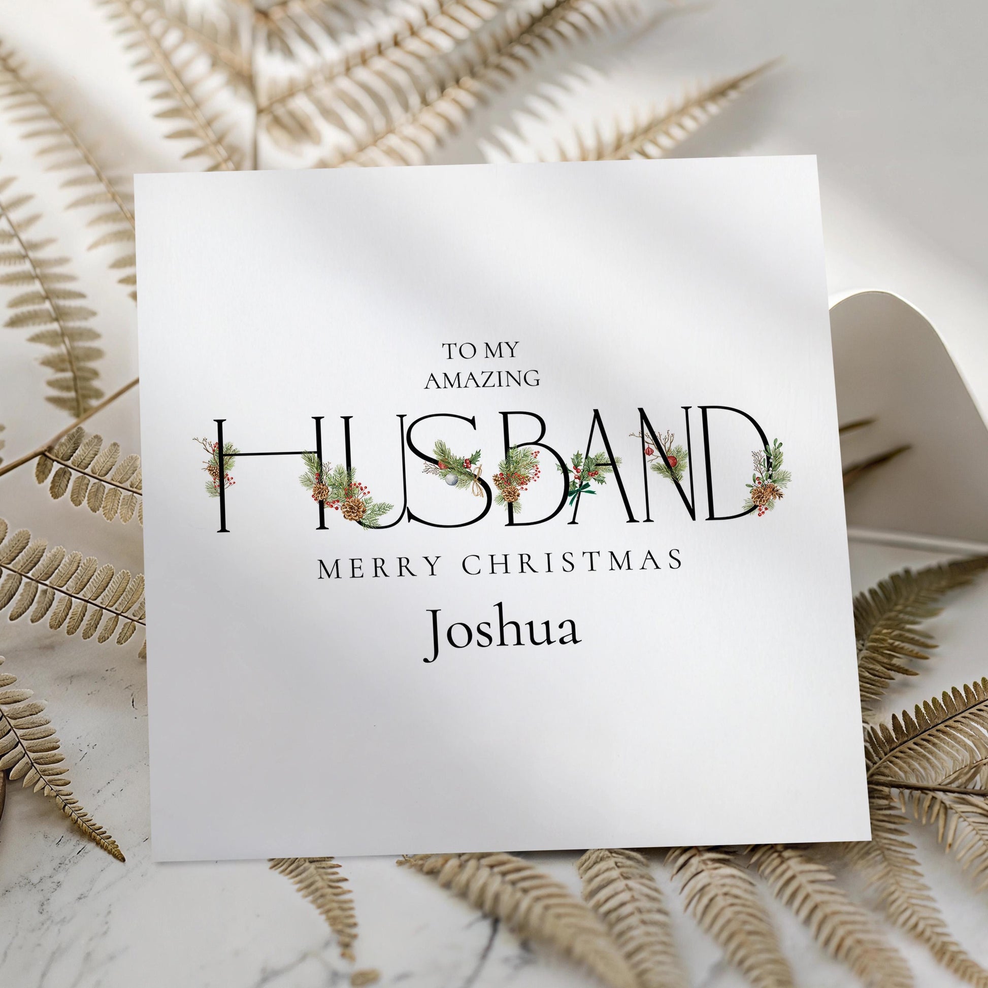 Husband Christmas Card – Personalised Festive Greeting With Winter Greenery Design