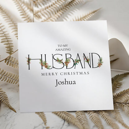 Husband Christmas Card – Personalised Festive Greeting With Winter Greenery Design