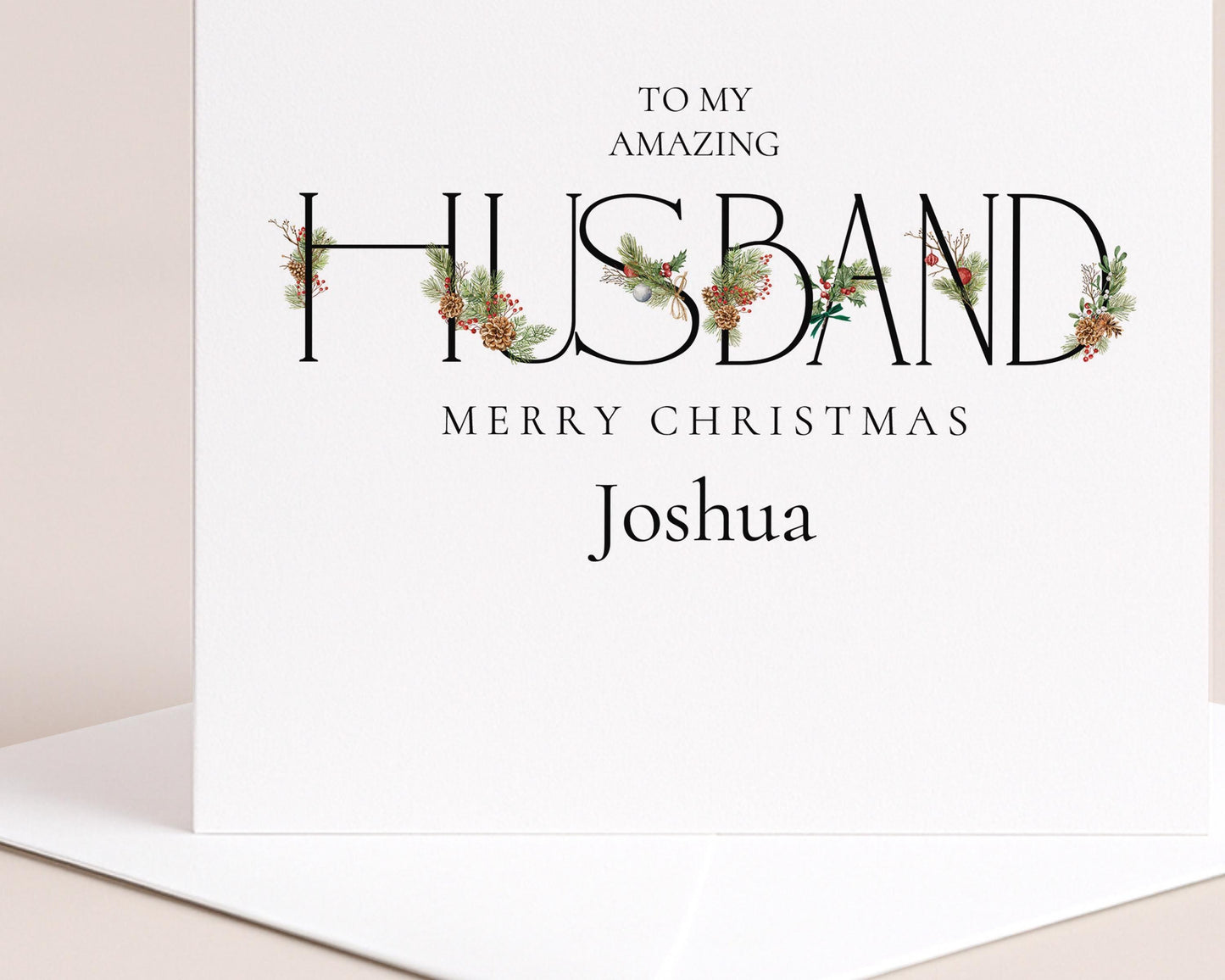 Husband Christmas Card – Personalised Festive Greeting With Winter Greenery Design