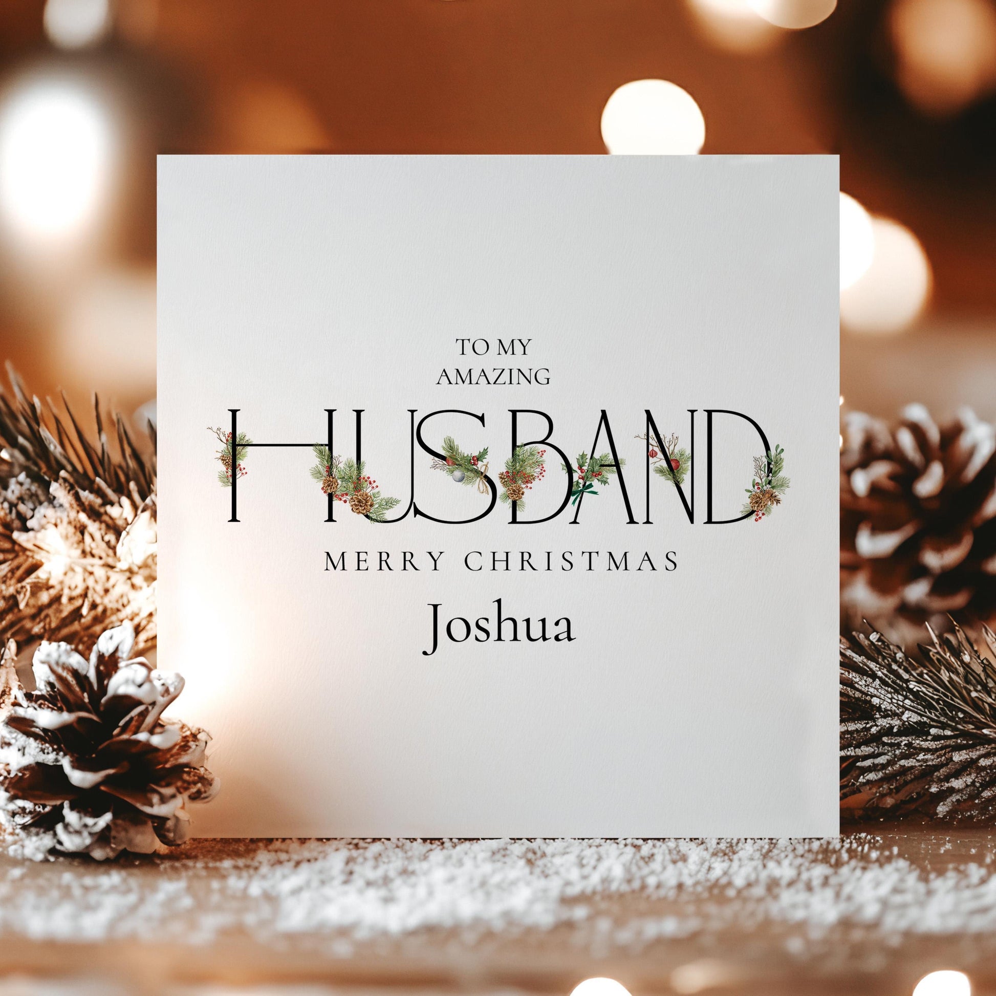Husband Christmas Card – Personalised Festive Greeting With Winter Greenery Design