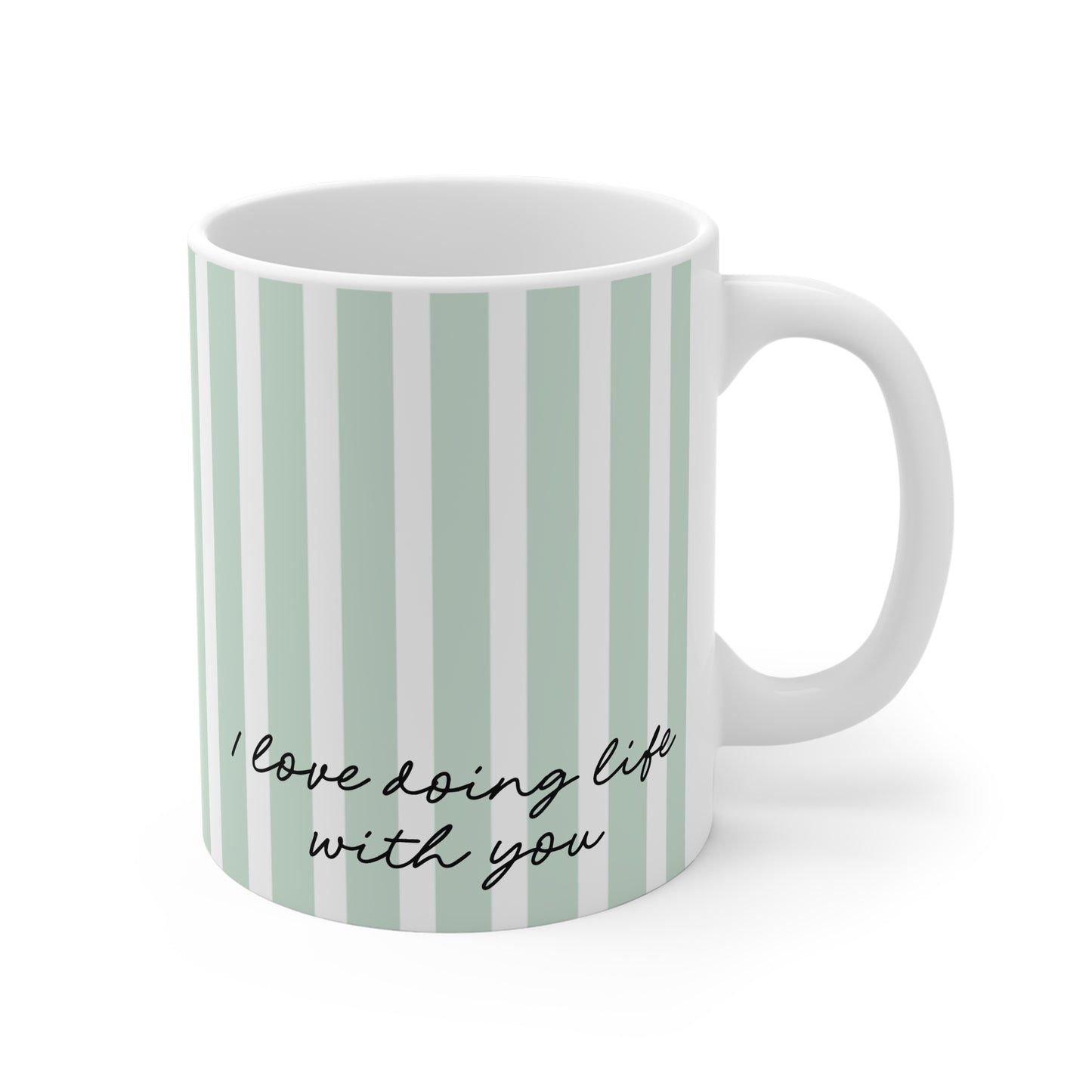I Love Doing Life With You personalised aqua stripe ceramic mug — Whimsi Lilley

