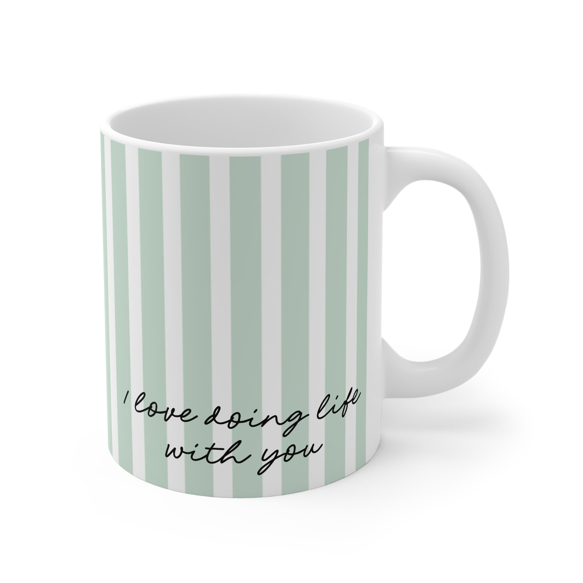 I Love Doing Life With You personalised aqua stripe ceramic mug — Whimsi Lilley
