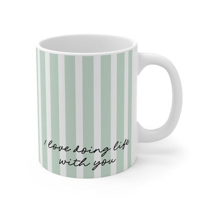 I Love Doing Life With You personalised aqua stripe ceramic mug — Whimsi Lilley
