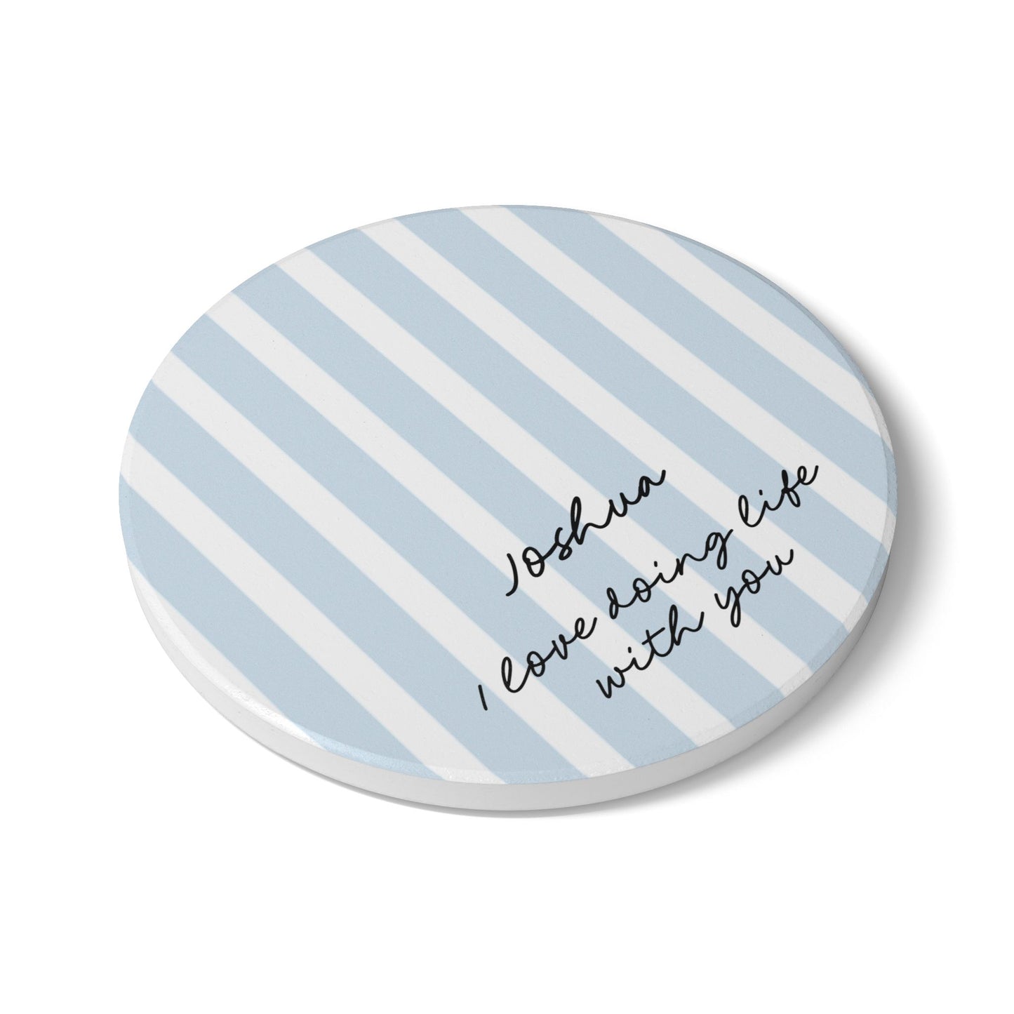 I Love Doing Life With You personalised blue stripe ceramic coaster — Whimsi Lilley
