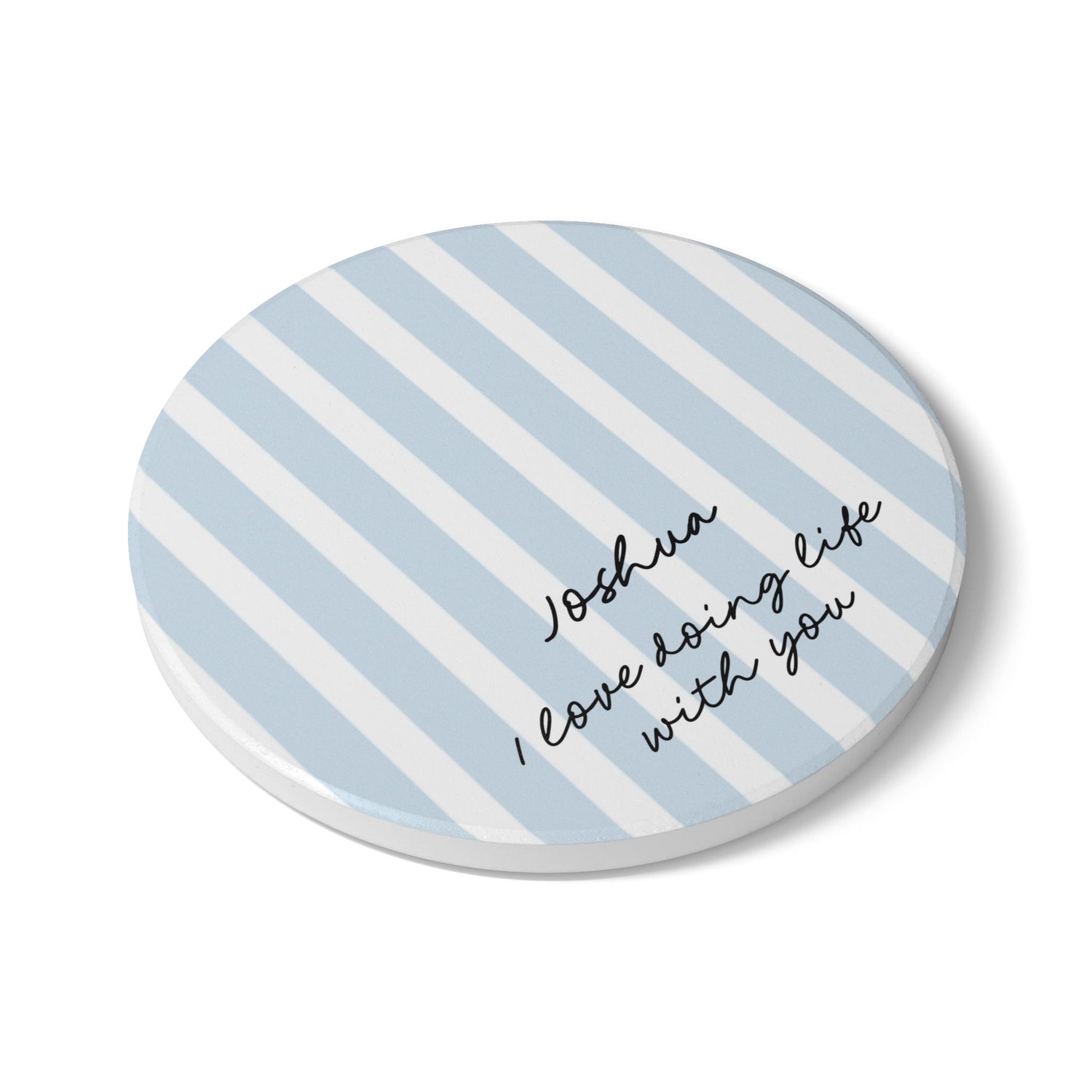 I Love Doing Life With You personalised blue stripe ceramic coaster — Whimsi Lilley
