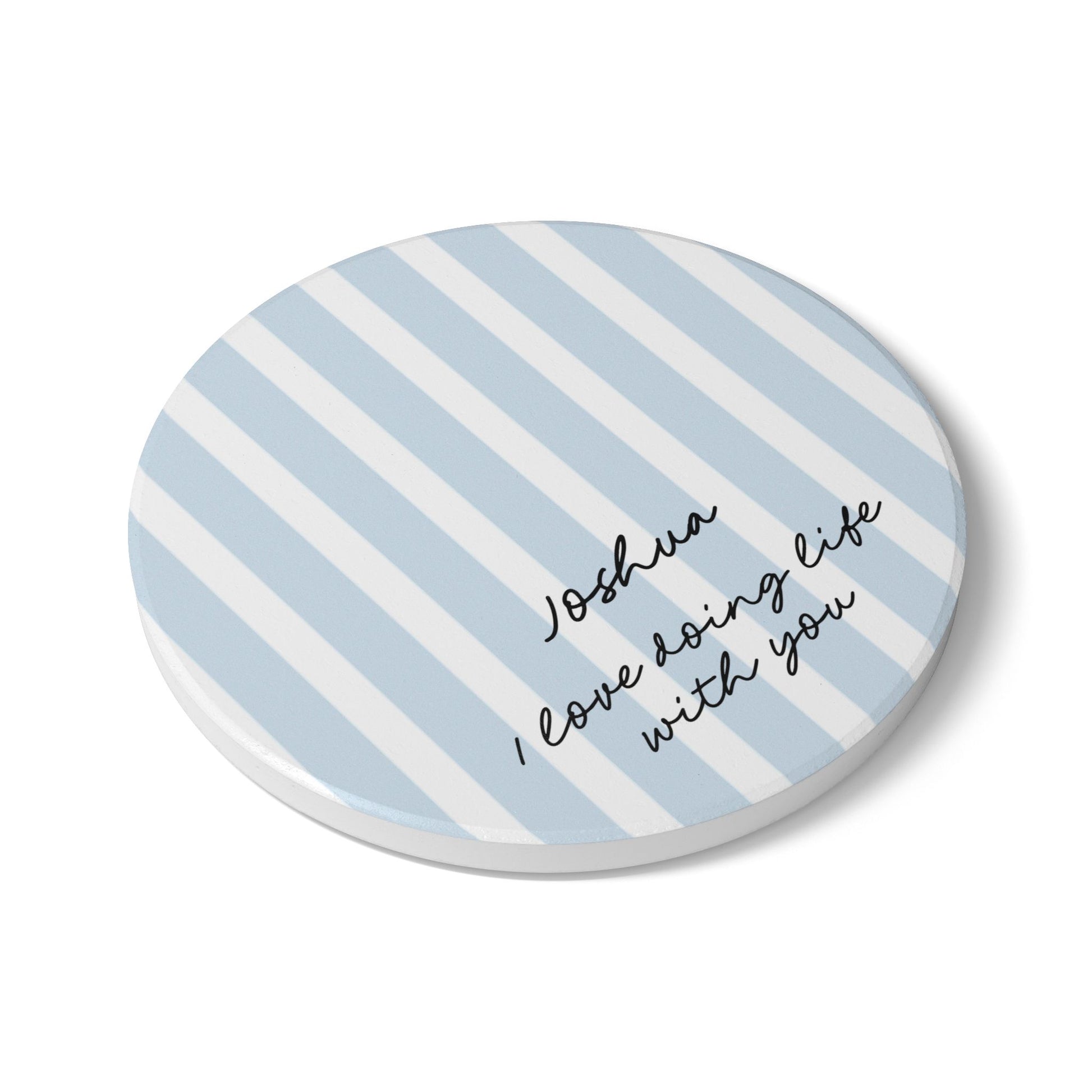 I Love Doing Life With You personalised blue stripe ceramic coaster — Whimsi Lilley
