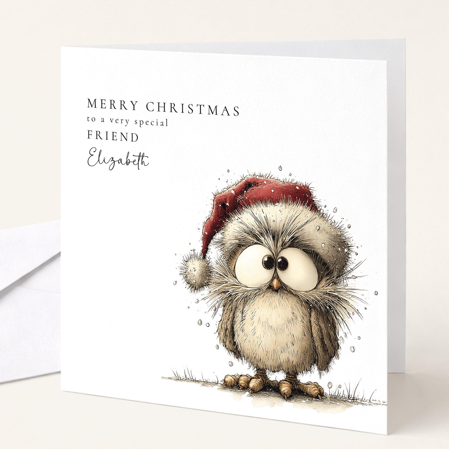Scruffy Santa hat owl Christmas card for a special friend, personalised with her name, printed on 300gsm card
