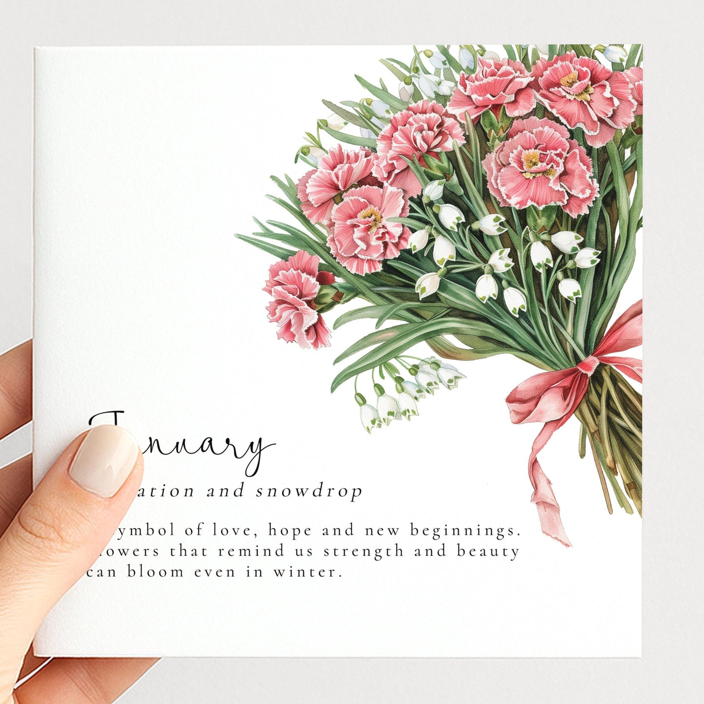 January Birth Flower Card – Floral Birthday Greeting With Carnation And Snowdrop