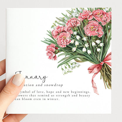 January Birth Flower Card – Floral Birthday Greeting With Carnation And Snowdrop