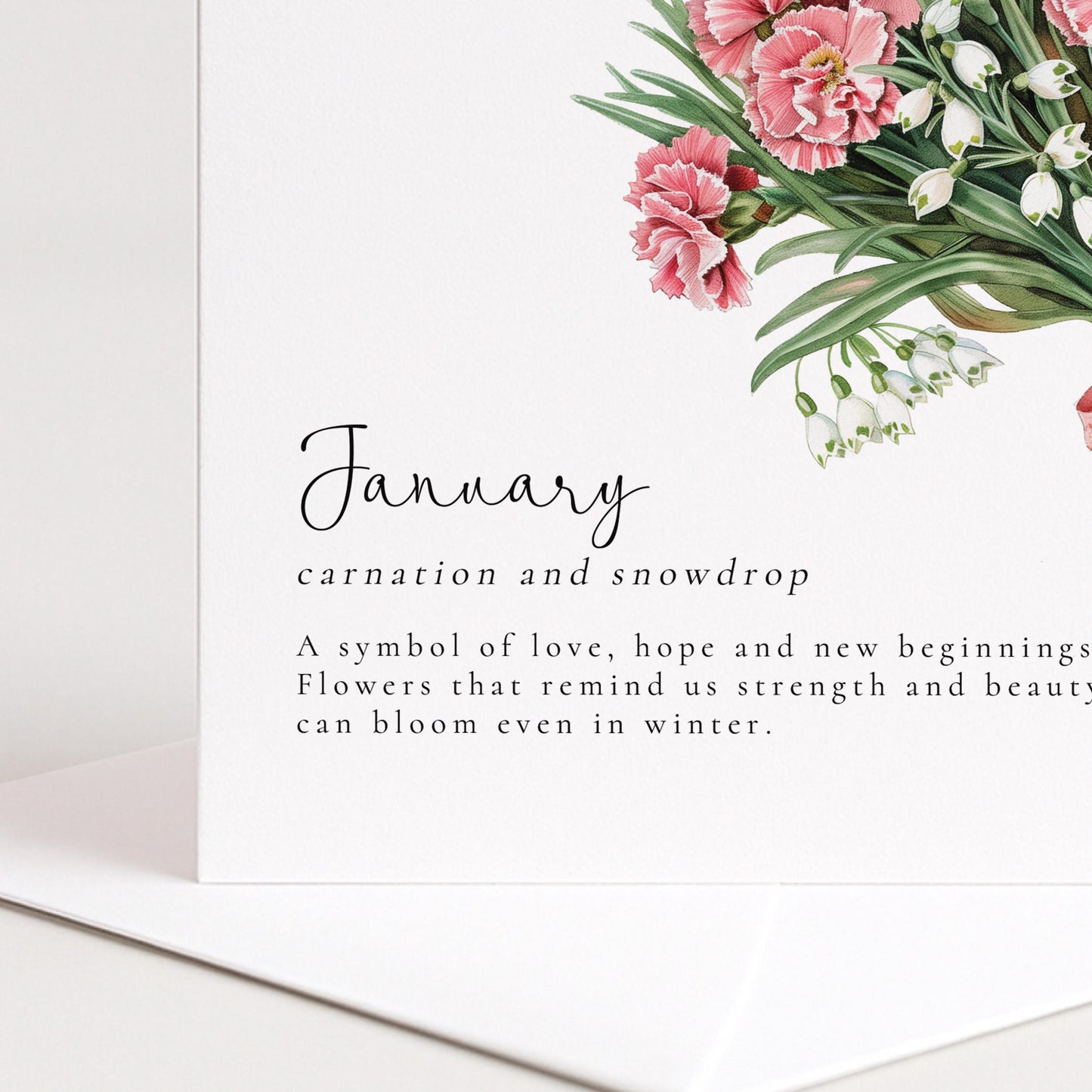 January Birth Flower Card – Floral Birthday Greeting With Carnation And Snowdrop