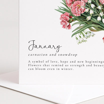 January Birth Flower Card – Floral Birthday Greeting With Carnation And Snowdrop