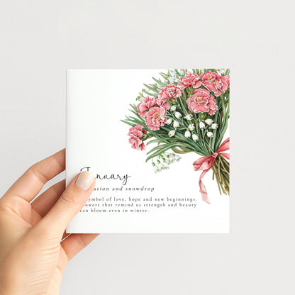 January Birth Flower Card – Floral Birthday Greeting With Carnation And Snowdrop