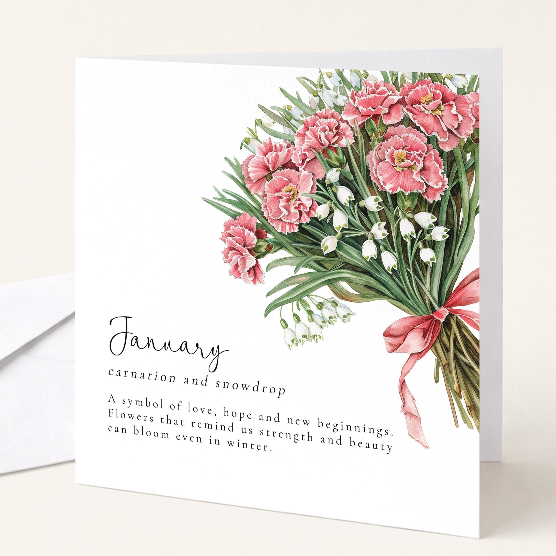 January Birth Flower Card – Floral Birthday Greeting With Carnation And Snowdrop