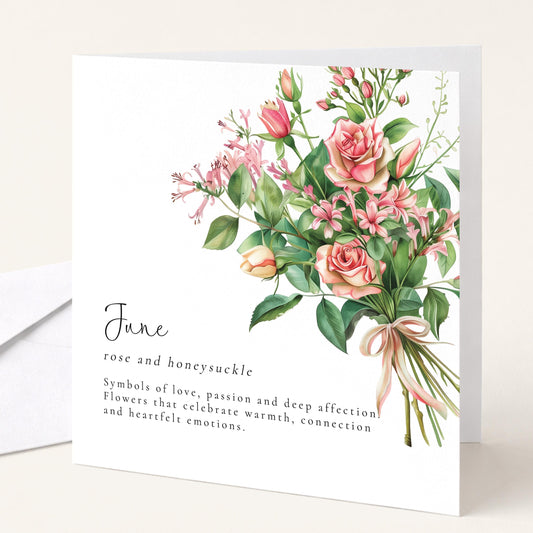 June Birth Flower Card – Floral Birthday Greeting With Honeysuckle And Rose