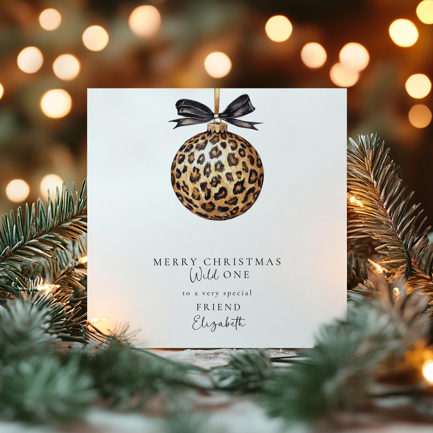 Leopard Print Christmas Card – Personalised Stylish Festive Greeting With Chic Leopard Bauble