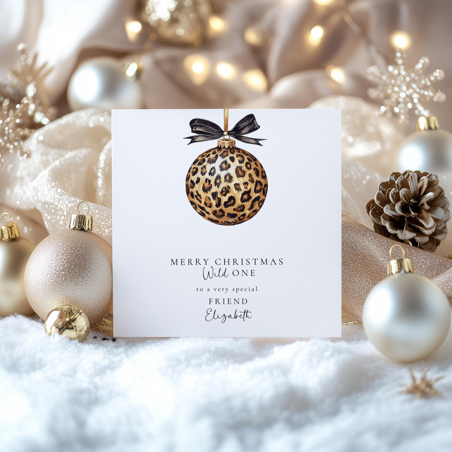 Leopard Print Christmas Card – Personalised Stylish Festive Greeting With Chic Leopard Bauble