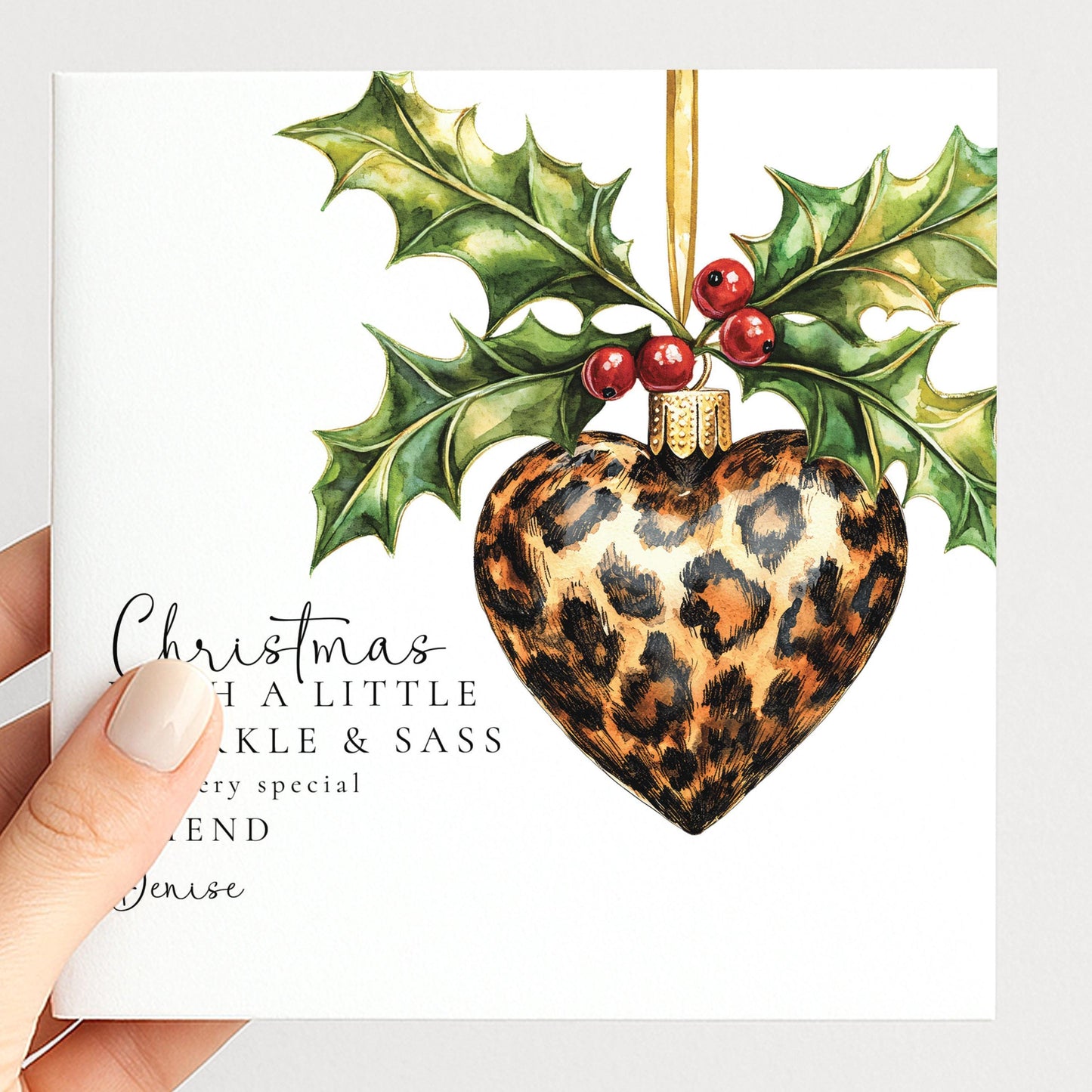 Leopard Print Christmas Card – Personalised Xmas Friend Card With Chic Festive Ornament