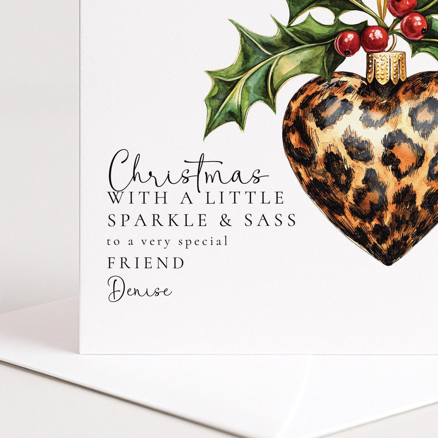 Leopard Print Christmas Card – Personalised Xmas Friend Card With Chic Festive Ornament