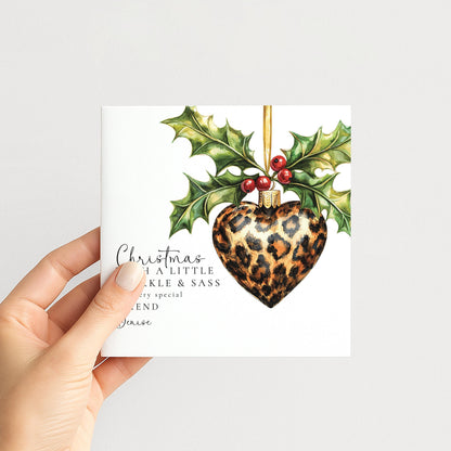 Leopard Print Christmas Card – Personalised Xmas Friend Card With Chic Festive Ornament