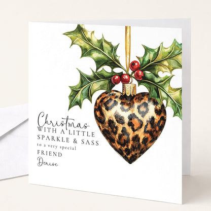 Leopard Print Christmas Card – Personalised Xmas Friend Card With Chic Festive Ornament