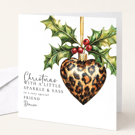 Leopard Print Christmas Card – Personalised Xmas Friend Card With Chic Festive Ornament