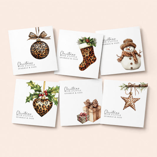 A pack of 6 fun leopard print Christmas cards with sparkle and sass. Blank inside, printed on 300gsm card & delivered across the UK.