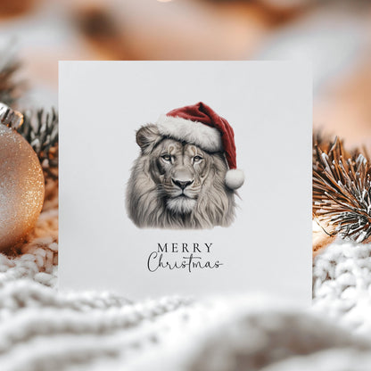 Lion Christmas Card – Personalised Big Cat Holiday Card With Santa Hat